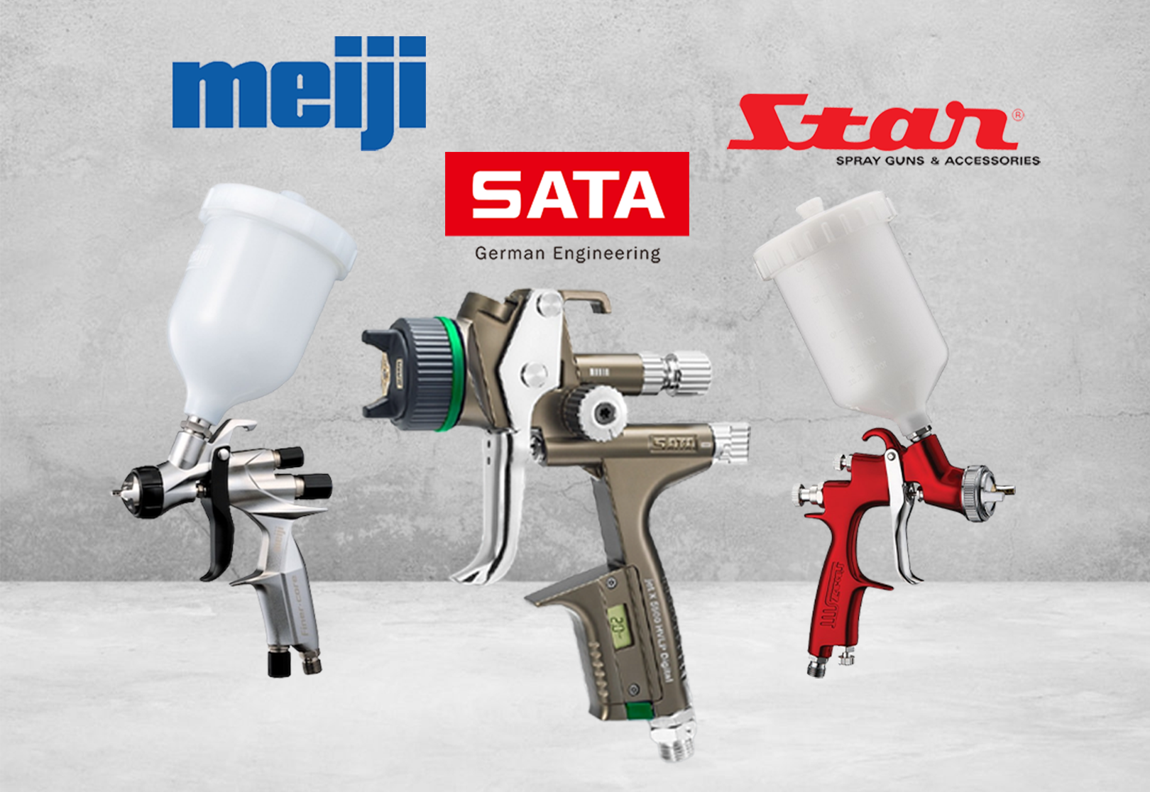 CARADA carry various Refinish (Car Paint) Spray Gun for Professional Painters, also to beginner. Available brand, models include SATA X5500, SATA miniJet 4400, MEIJI Finer-Core, STAR EVO line as well STAR SMV.
